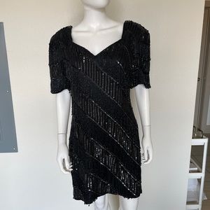 Vintage 80’s Beaded Sequin Flapper Short Sleeve Mini Dress Laurence Kazner M/L